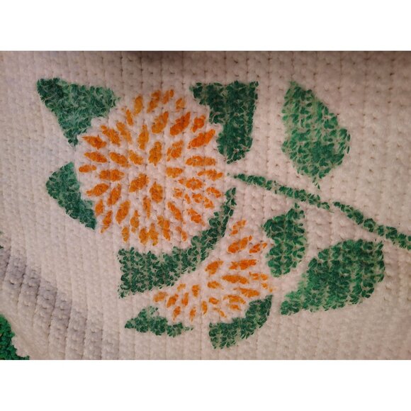 Vtg. Handmade Crochet Blanket, Large, Green Orange Square Painted Flowers Afghan - Picture 2 of 5